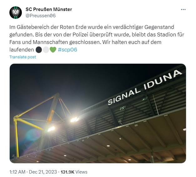 球场出现不明爆炸物:明斯特VS多特2队德丙比赛被迫推迟